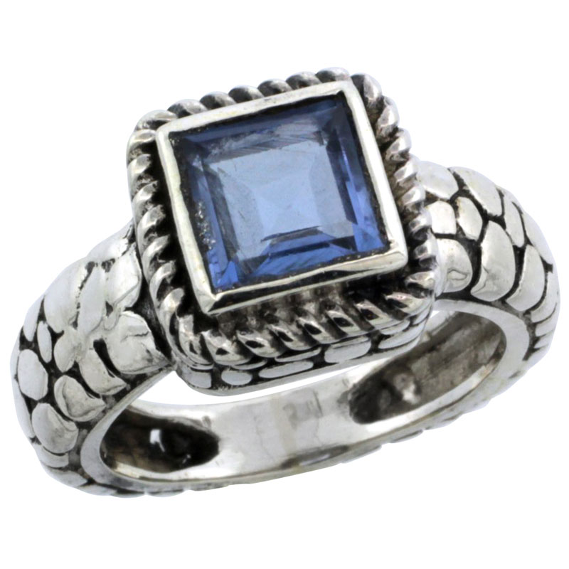 Sterling Silver Bali Inspired Square Ring w/ 6mm Princess Cut Natural Blue Topaz Stone, 7/16 in. (11 mm) wide