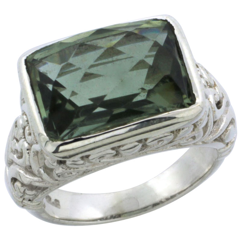 Sterling Silver Bali Inspired Rectangular Filigree Ring w/ 14x10mm Checkerboard Cut Natural Green Amethyst Stone, 15/32 in. (12 mm) wide