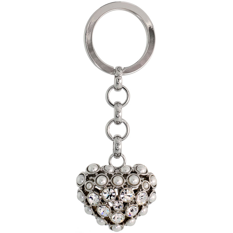 Puffed Heart Key Chain, Key Ring, Key Holder, Key Tag , Key Fob, w/ Beads & Brilliant Cut Swarovski Crystals, 3-1/2" tall