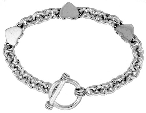 Sterling Silver Triple Solid Heart Rolo Link Bracelet sizes 8, 8.5 & 9 inch