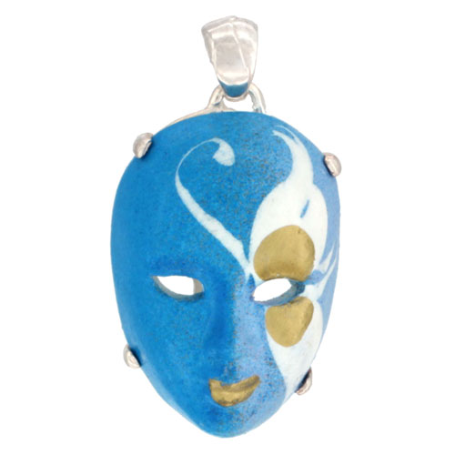 Sterling Silver Venetian Carnival Mask Pendant Hand Painted Ceramic Blue-White Italy 1 1/8 inch