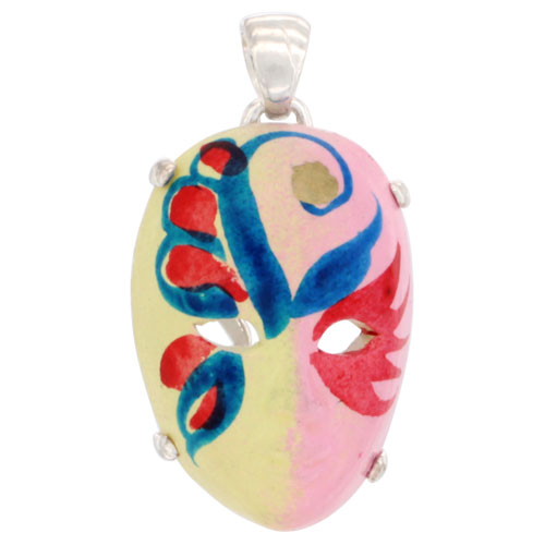 Sterling Silver Venetian Carnival Mask Pendant Hand Painted Ceramic Yellow-Pink Italy 1 1/8 inch