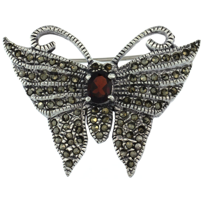 Sterling Silver Marcasite Butterfly Brooch Pin w/ Oval Cut Garnet Stone, 1 1/4 inch (32 mm) tall