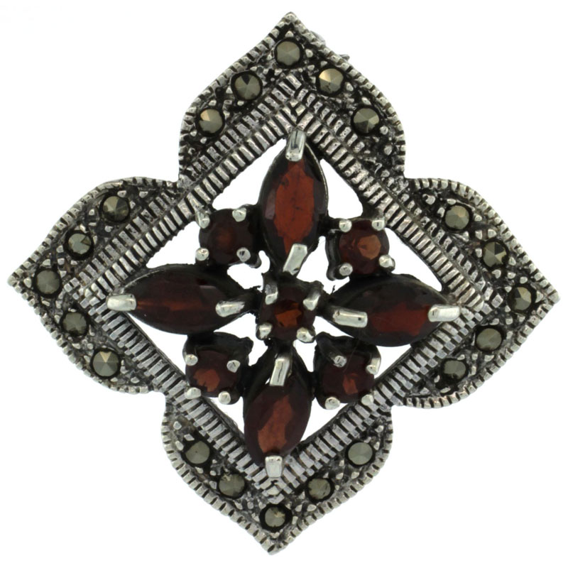 Sterling Silver Marcasite Clover Brooch Pin w/ Round & Marquise Cut Garnet Stones, 1 1/2 inch (38 mm) tall