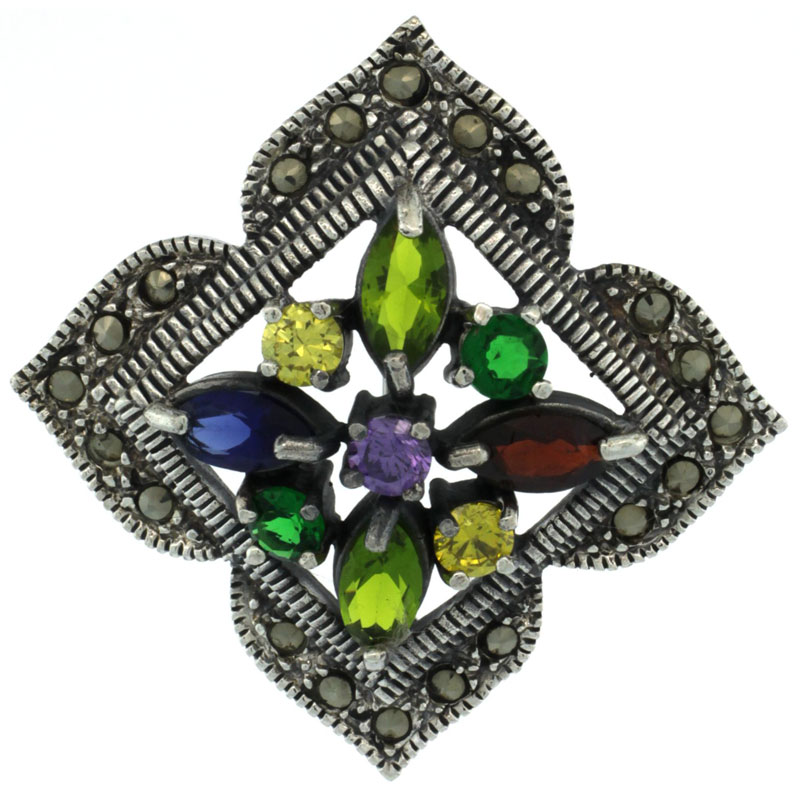 Sterling Silver Marcasite Clover Brooch Pin w/ Round & Marquise Cut Multi Colored Stones, 1 1/2 inch (38 mm) tall