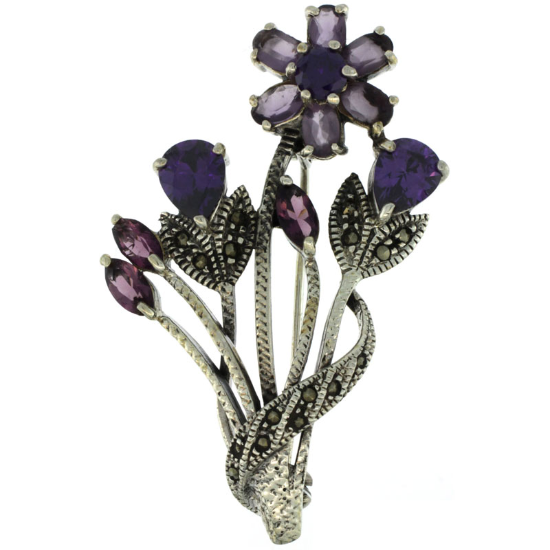 Sterling Silver Marcasite Flower Cluster Brooch Pin w/ Round, Pear, Oval & Marquise Cut Amethyst Stones, 2 1/4 inch (57 mm) tall