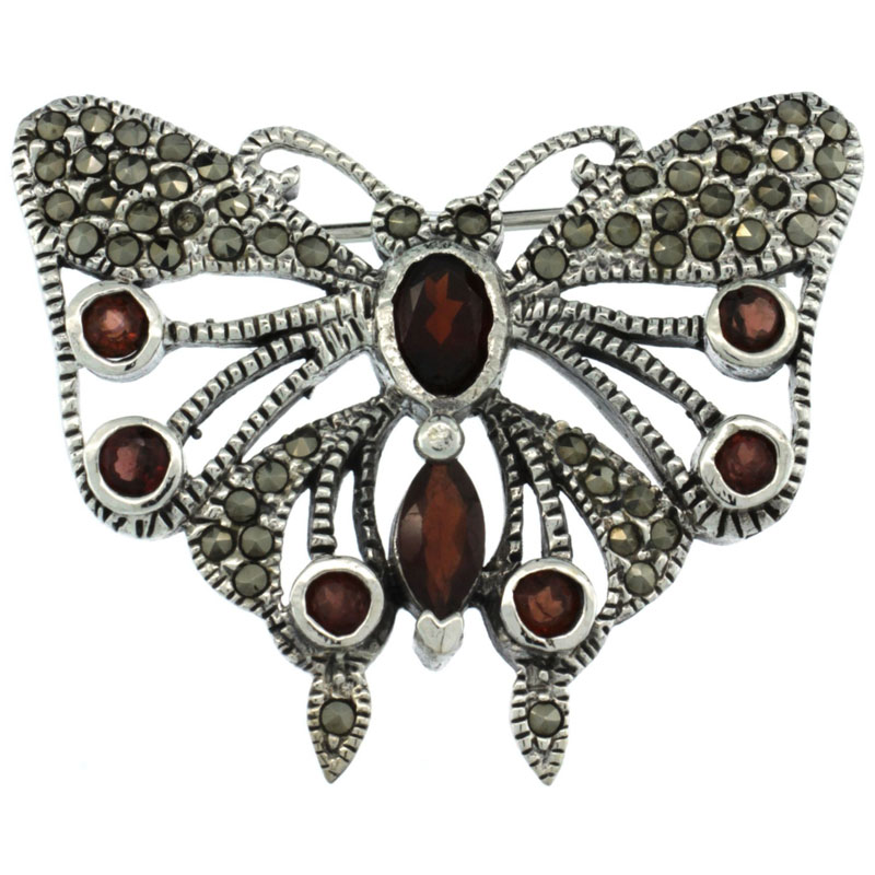 Sterling Silver Marcasite Butterfly Brooch Pin w/ Round, Oval & Marquise Cut Garnet Stones, 1 1/4 inch (32 mm) tall