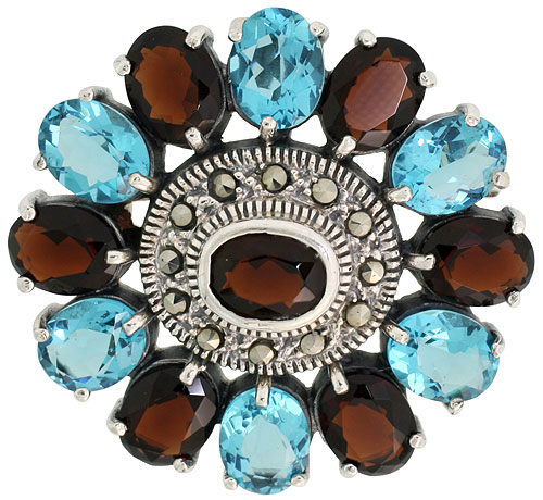 Sterling Silver Marcasite Large Flower Brooch Pin w/ Oval Cut Garnet & Blue Topaz Stones, 1 1/2 inch (40 mm)