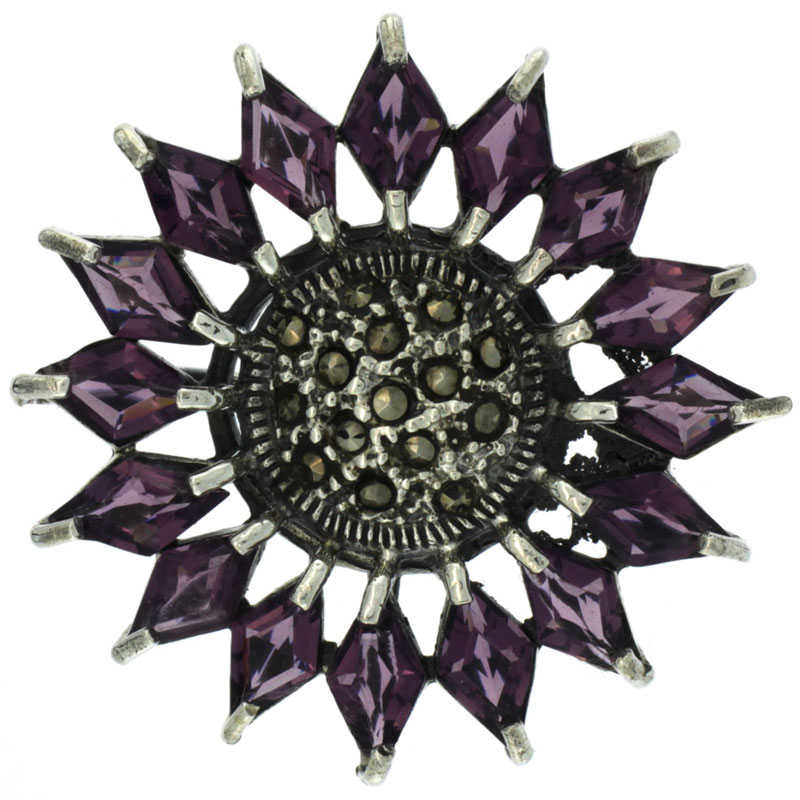 Sterling Silver Marcasite Flower Brooch Pin w/ Diamond Shape Amethyst Stones, 1 1/2 inch (38 mm) 