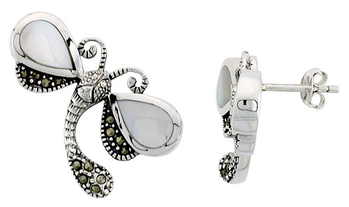 Marcasite Dragonfly Earrings in Sterling Silver, w/ Pear-shaped Mother of Pearl, 1 1/16" (27 mm) wide