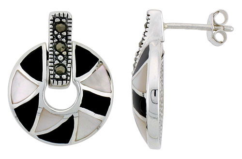 Marcasite Doughnut Earrings in Sterling Silver, w/ Mother of Pearl & Black Onyx, 13/16" (21 mm) tall