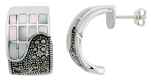 Marcasite Rectangular Earrings in Sterling Silver, w/ Mother of Pearl, 13/16" (21 mm) tall
