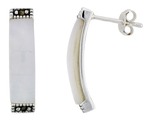 Marcasite Rectangular Earrings in Sterling Silver, w/ Mother of Pearl, 7/8" (22 mm) tall
