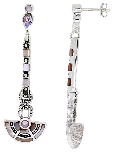 Marcasite Fan-shaped Earrings in Sterling Silver, w/ Mother of Pearl, 2 3/16" (56 mm) tall