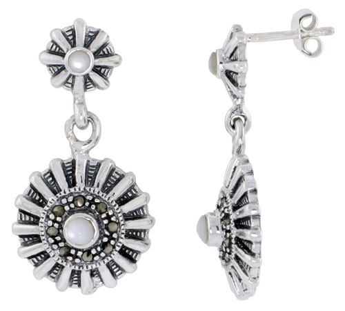 Marcasite Earrings in Sterling Silver, w/ Mother of Pearl, 1 1/4" (32 mm) tall