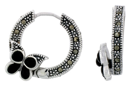 Marcasite Butterfly Hoop Earrings in Sterling Silver, w/ Black Onyx, 13/16" (21 mm) tall