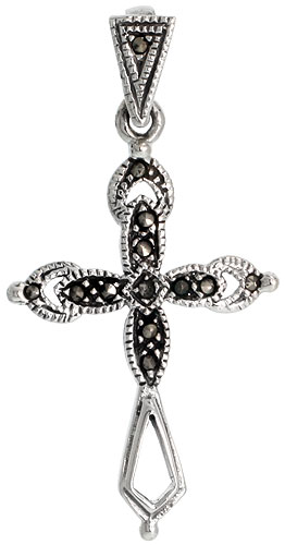 Sterling Silver Marcasite Mascly Cross Pendant, 1 3/8" (36 mm) tall