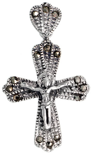 Sterling Silver Marcasite Crucifix Pendant, 1 1/2" (39 mm) tall