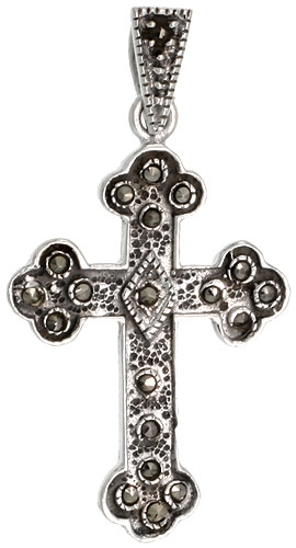 Sterling Silver Marcasite Budded Cross Pendant, 1 3/8" (35 mm) tall