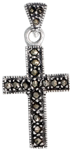 Sterling Silver Marcasite Latin Cross Pendant, 1 1/8" (29 mm) tall