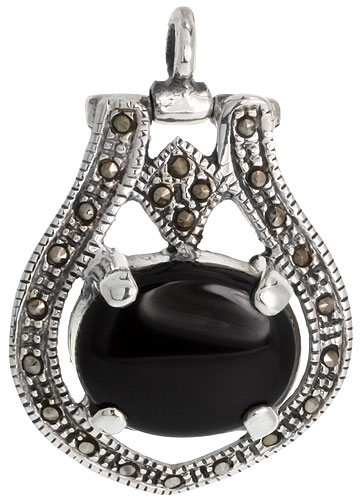 Sterling Silver Marcasite Horseshoe Pendant, w/ 20x15 mm Oval Cabochon Jet Stone, 1 1/4 (32 mm) tall