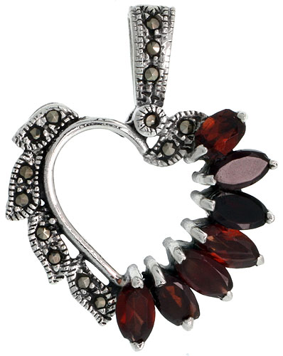 Sterling Silver Marcasite Heart Pendant w/ Natural Garnet Stones , 7/8" (22 mm) tall