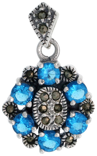 Sterling Silver Marcasite Flower Pendant, w/ Brilliant Cut 4 mm Blue Topaz CZ Stones, 1 1/16" (27 mm) tall