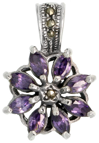 Sterling Silver Marcasite Flower Pendant, w/ Marquise Cut 6x3 mm Amethyst CZ Stones, 1" (26 mm) tall