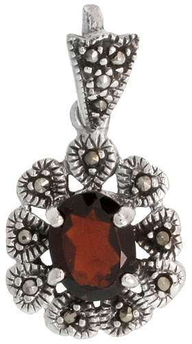 Sterling Silver Marcasite Cluster Pendant, w/ Oval Cut 7x5 mm Garnet Color CZ Stone, 1" (26 mm) tall