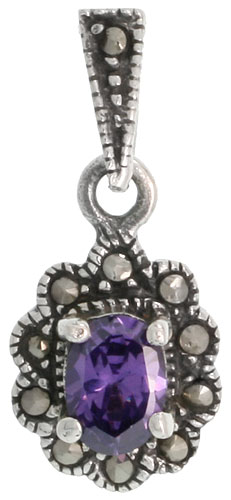 Sterling Silver Marcasite Cluster Pendant, w/ Oval Cut 6x4 mm Amethyst Color CZ Stone, 7/8" (22 mm) tall