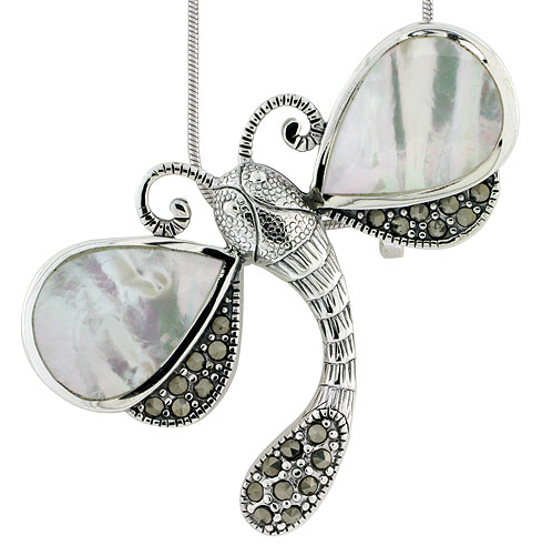 Marcasite Dragonfly Pendant in Sterling Silver, w/ Pear-shaped Mother of Pearl, 3/4" (19 mm) tall
