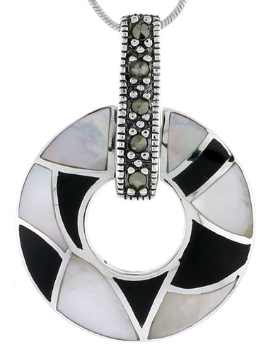 Marcasite Doughnut Pendant in Sterling Silver, w/ Mother of Pearl & Black Onyx, 1 1/2" (38 mm) tall