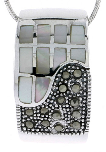 Marcasite Rectangular Pendant Slide in Sterling Silver, w/ Mother of Pearl, 1" (25 mm) tall