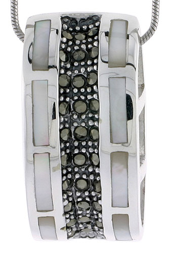 Marcasite Rectangular Pendant Slide in Sterling Silver, w/ Mother of Pearl, 1 1/8" (29 mm) tall
