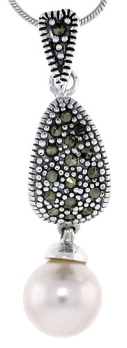 Marcasite Pendant in Sterling Silver, w/ Faux Pearl, 1 5/8" (41 mm) tall