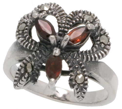 Sterling Silver Marcasite Ribbon Ring, w/ Natural Garnet, 11/16" (17 mm) wide