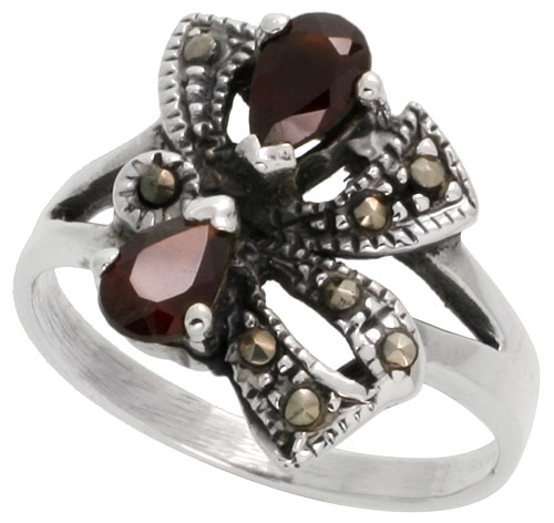 Sterling Silver Marcasite Freeform Ring, w/ Pear Cut Natural Garnet, 5/8" (16 mm) wide