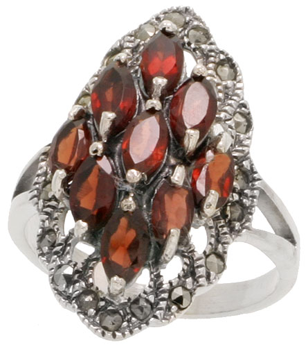 Sterling Silver Marcasite Oval-shaped Ring, w/ Natural Garnet, 1 3/16" (30 mm) wide