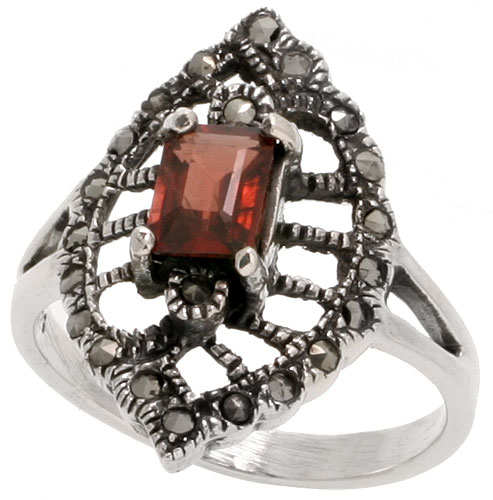 Sterling Silver Marcasite Marquise-shaped Ring, w/ Emerald Cut Natural Garnet, 1" (26 mm) wide