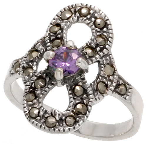 Sterling Silver Marcasite Double Loop Ring, w/ Brilliant Cut Amethyst CZ, 13/16" (21 mm) wide