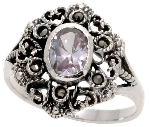 Sterling Silver Marcasite Hexagon-shaped Ring, w/ Oval Cut CZ Stone, 3/4" (20 mm) wide