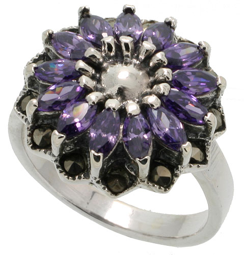 Sterling Silver Marcasite Flower Ring, w/ Marquise Cut Amethyst CZ, 13/16" (21 mm) wide