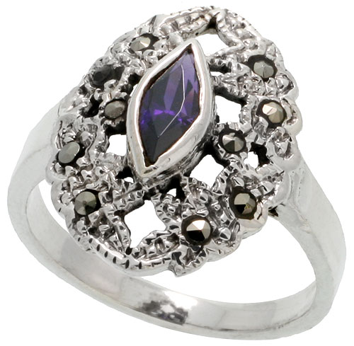 Sterling Silver Marcasite Oval-shaped Ring, w/ Marquise Cut Amethyst CZ, 3/4" (19 mm) wide