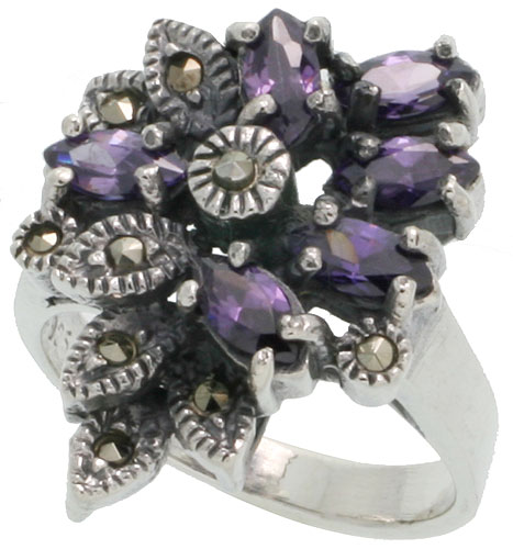 Sterling Silver Marcasite Flower Ring, w/ Marquise Cut Amethyst CZ, 7/8" (22 mm) wide