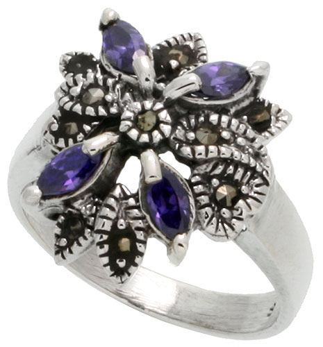 Sterling Silver Marcasite Flower Ring, w/ Marquise Cut Amethyst CZ, 3/4" (19 mm) wide