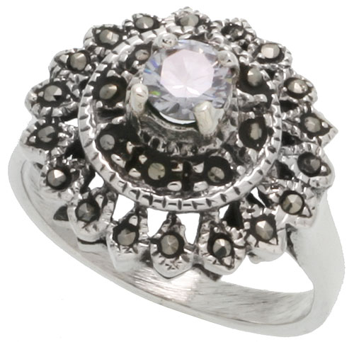 Sterling Silver Marcasite Flower Ring, w/ Brilliant Cut CZ Stone, 13/16" (20 mm) wide