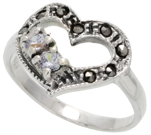 Sterling Silver Marcasite Heart Cut Out Ring, w/ Brilliant Cut CZ Stones, 9/16" (15 mm) wide