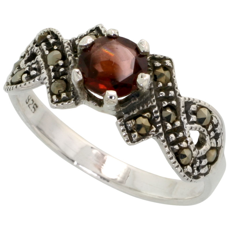 Sterling Silver Marcasite Double Knot Ring, w/ Brilliant Cut Natural Garnet, 3/8" (10 mm) wide