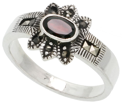 Sterling Silver Marcasite Flower Ring, w/ Oval Cut Natural Garnet, 1/2" (12 mm) wide