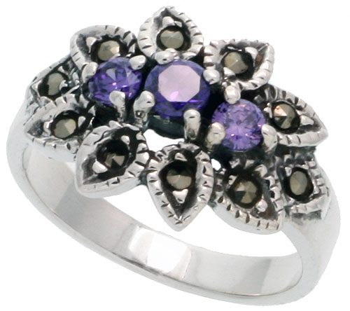 Sterling Silver Marcasite Floral Ring, w/ Brilliant Cut Amethyst CZ, 5/8" (16 mm) wide